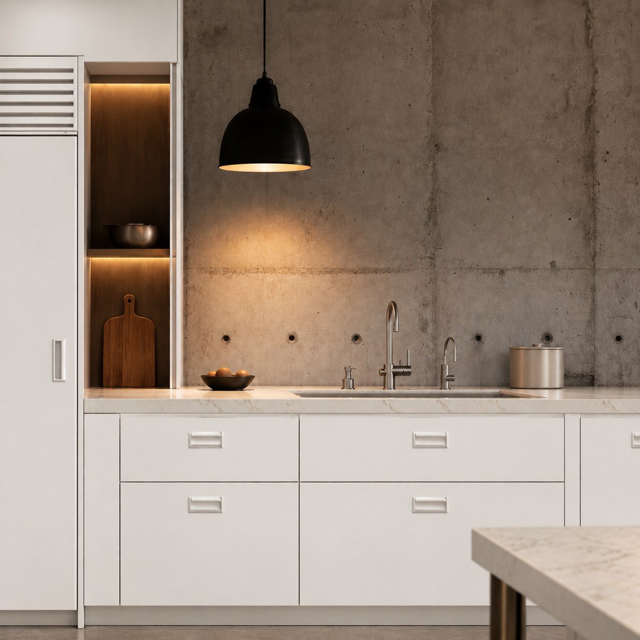 Industrial-style kitchen with white cabinetry and a light stone benchtop