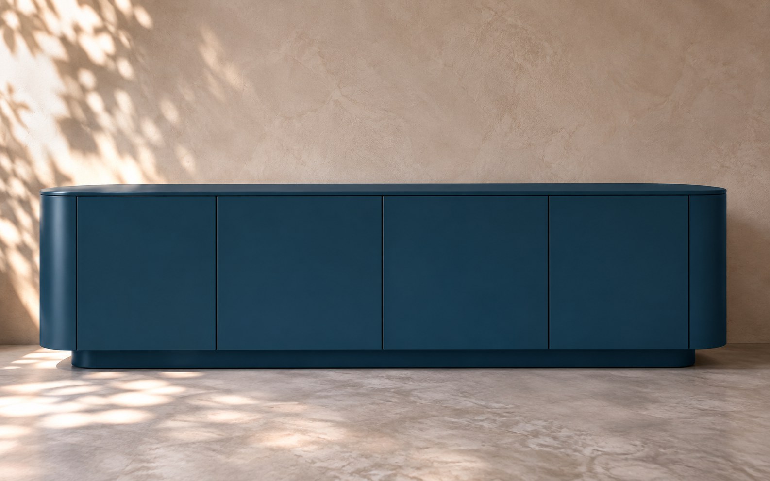 Finished cabinet in a solid deep navy surface