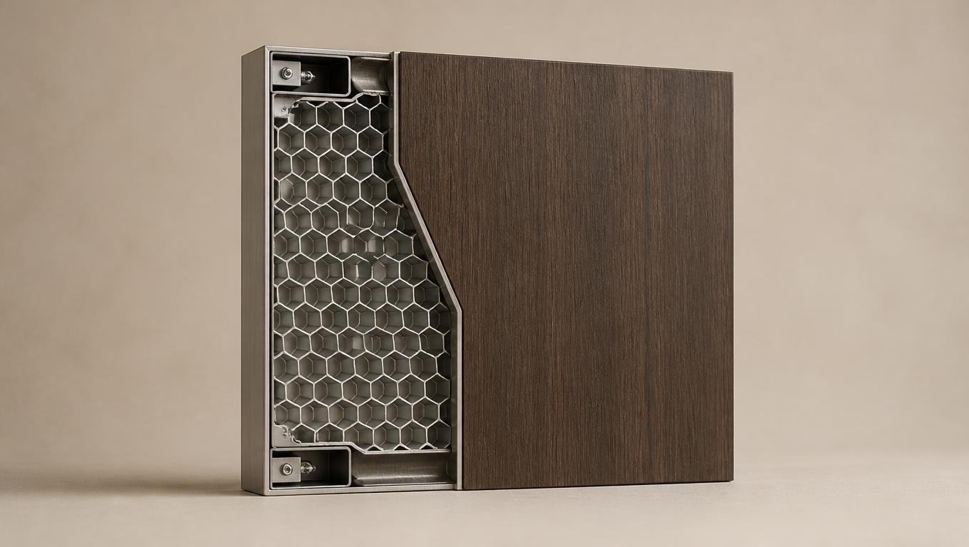 Cabinet panel cutaway showing aluminium honeycomb core and a timber-look decorative surface option