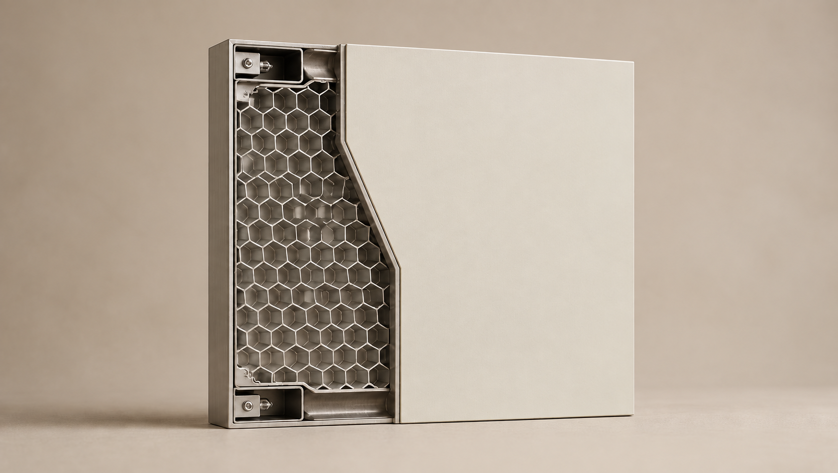 Cabinet panel cutaway showing aluminium honeycomb core and an ivory decorative surface option