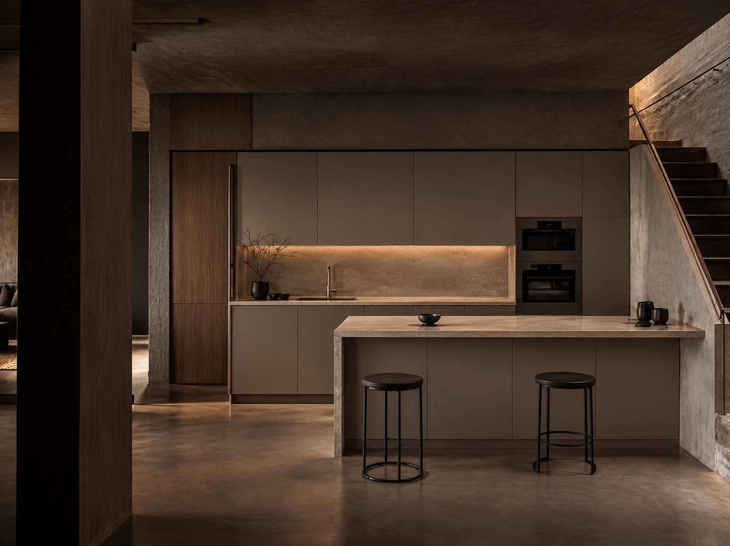 Moody matte mocha kitchen with concrete backdrop