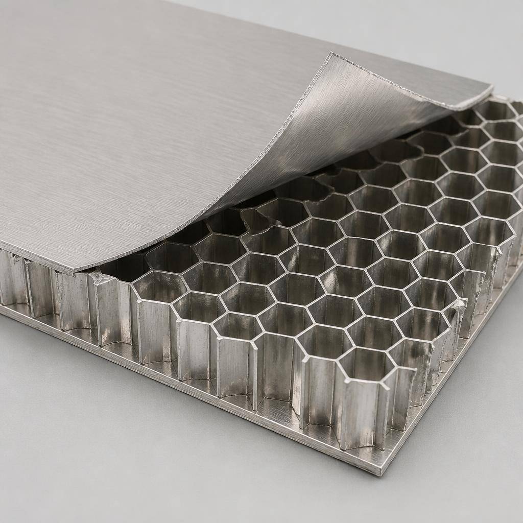 Cross-section of a honeycomb-core stainless steel panel