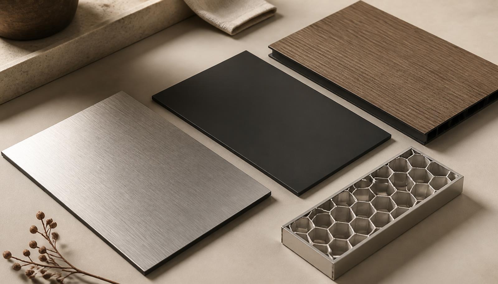 Stainless steel, decorative, timber-look and honeycomb material samples