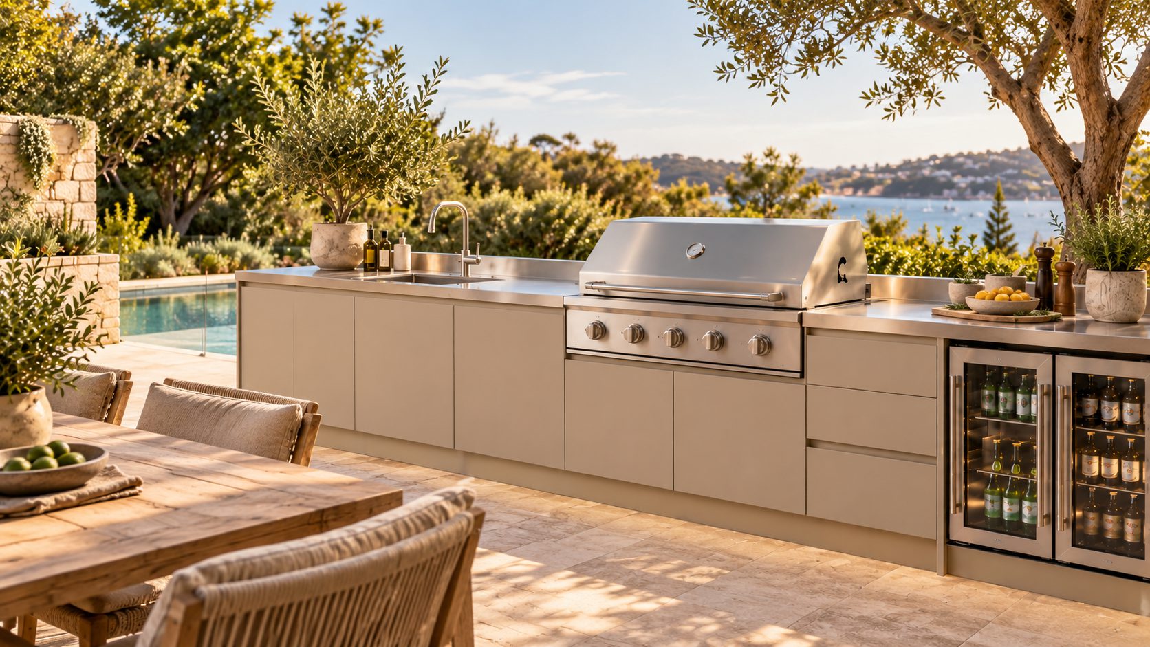 Poolside kitchen with integrated fridge drawers
