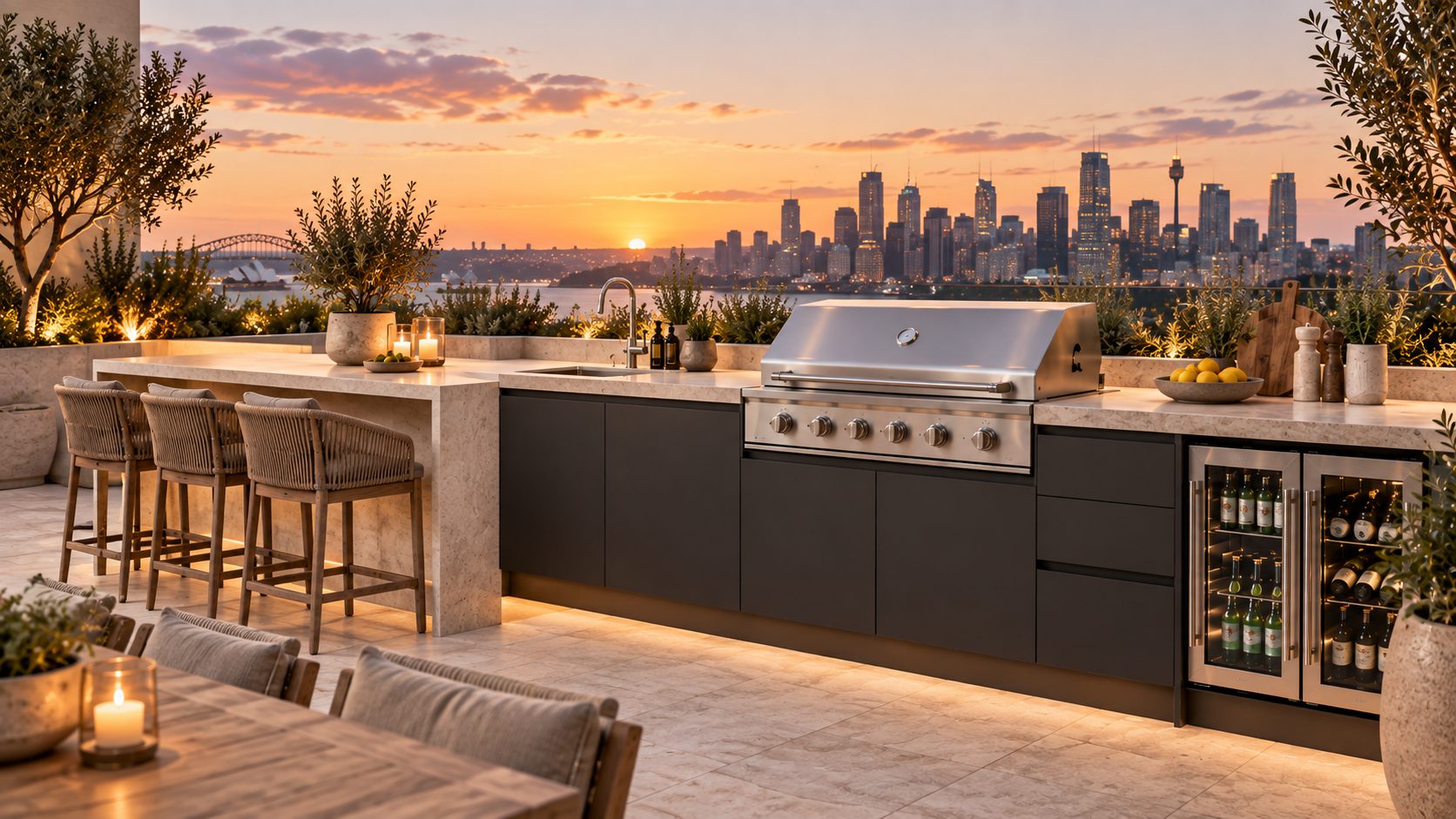 Rooftop entertaining kitchen with bar seating