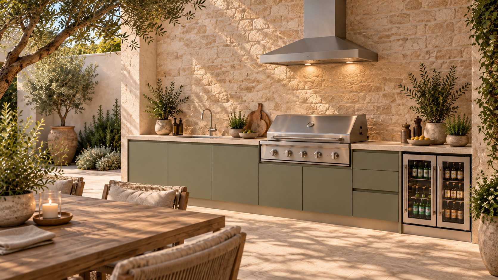 Sage cabinetry against a stone garden wall