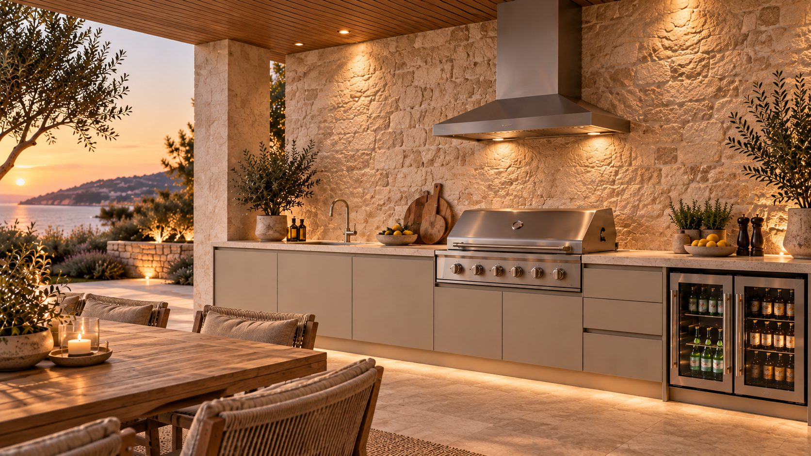 Kitchen under a stone feature wall with rangehood