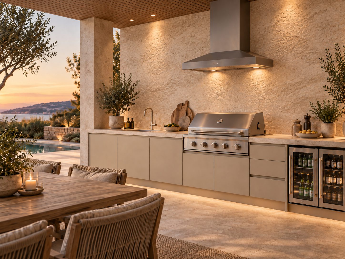 Poolside alfresco kitchen at dusk