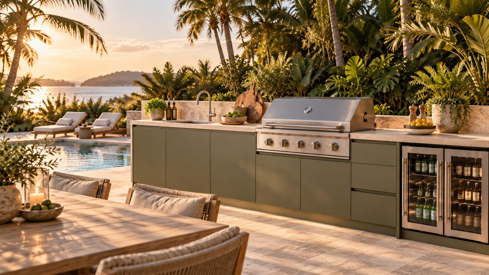 Sage-toned kitchen in a tropical courtyard