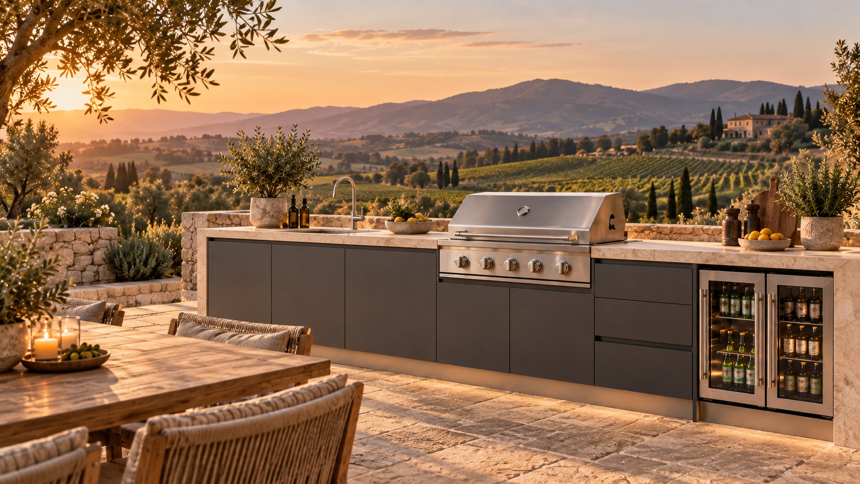 Graphite outdoor kitchen overlooking vineyard hills at sunset