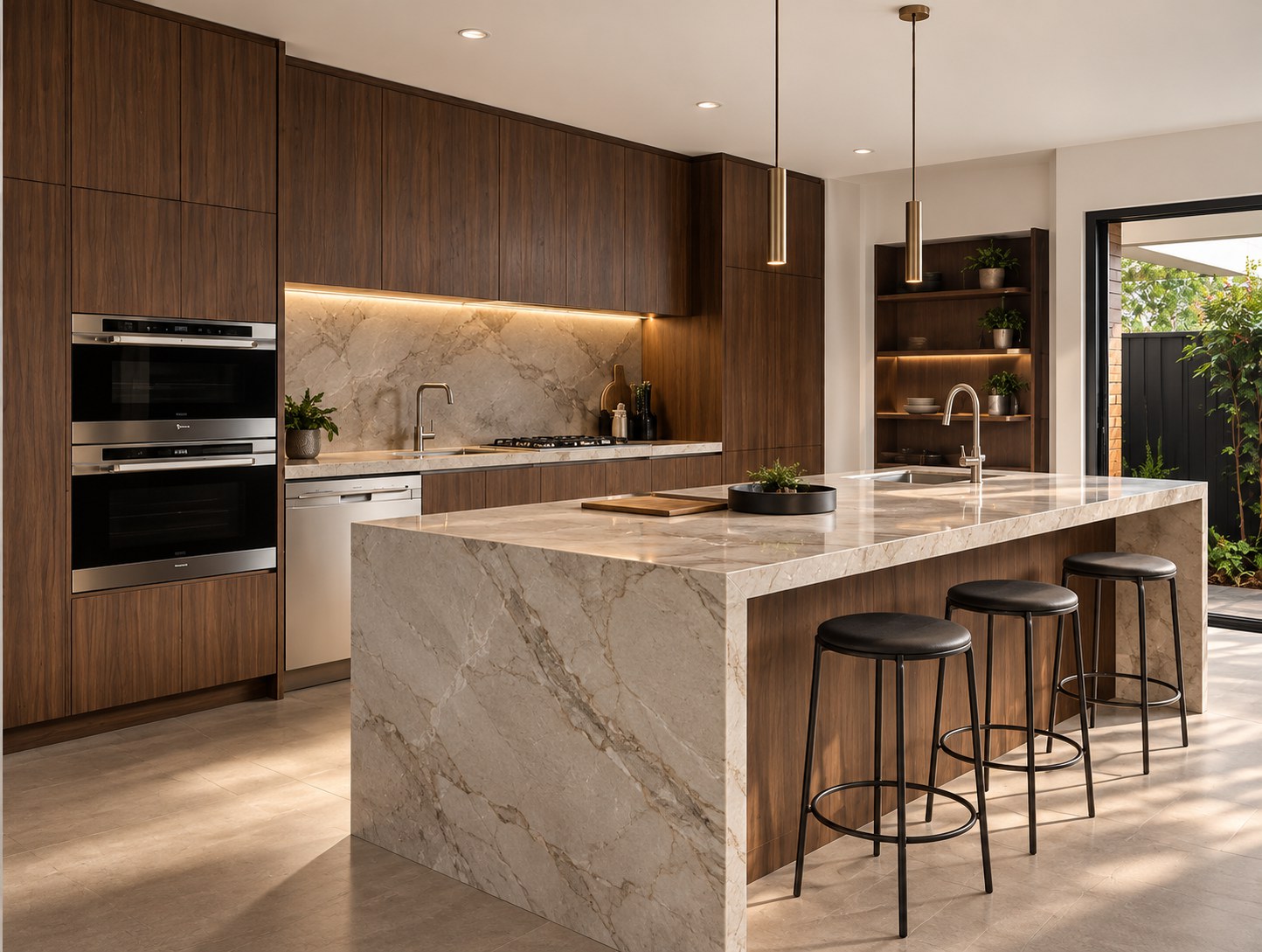 Modern indoor kitchen with custom walnut wood cabinetry and a marble-look stone island