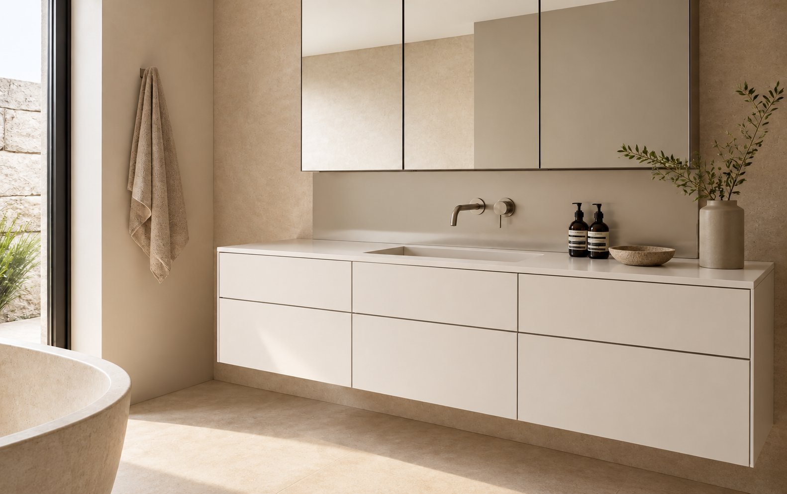 Wall-hung white bathroom vanity with integrated basin and mirror cabinetry in a warm, minimal interior