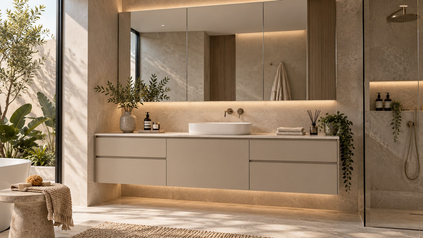 Warm-lit stone bathroom with vessel sink vanity