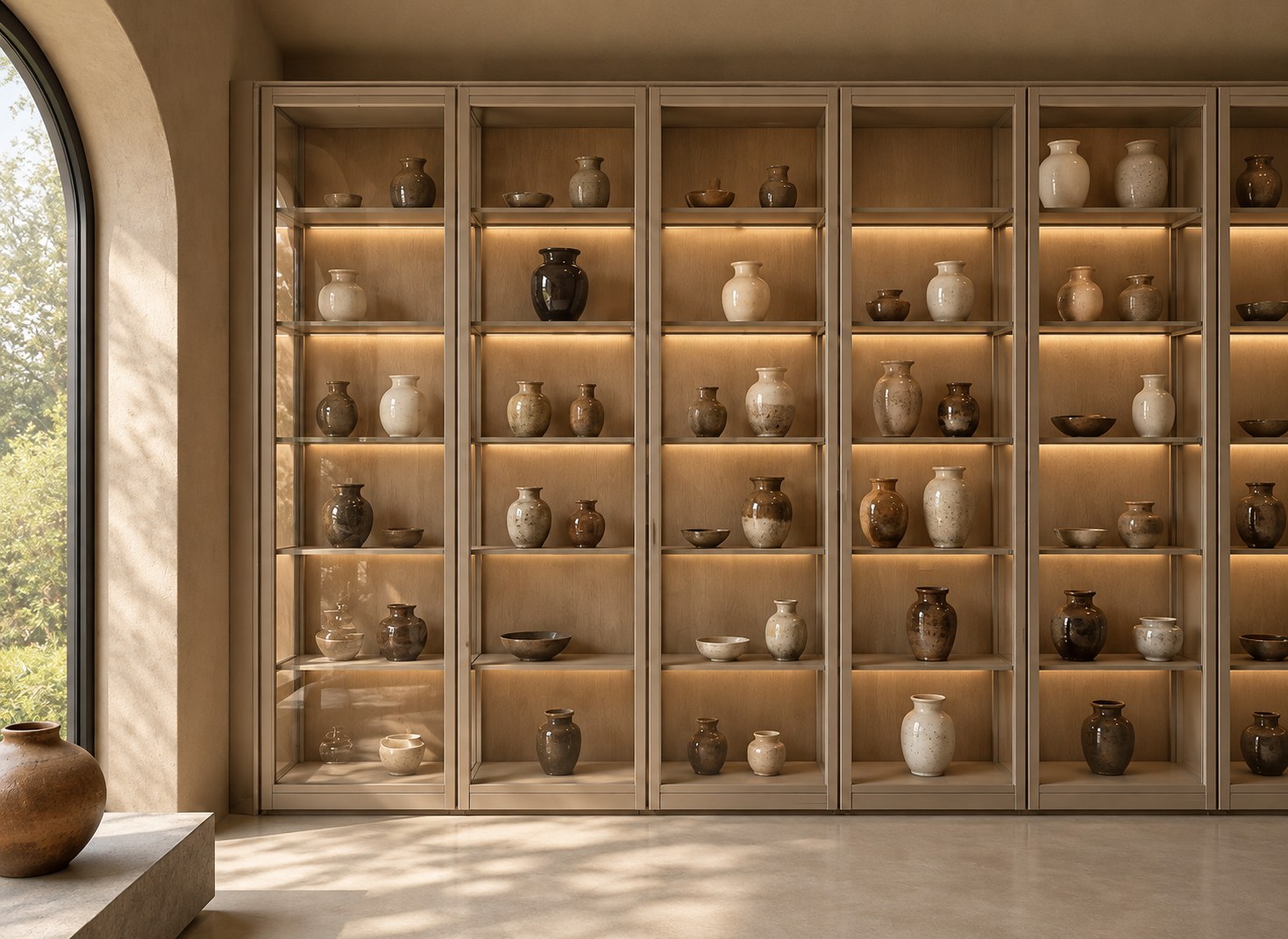 Oak-framed lit display cabinetry with glass shelving