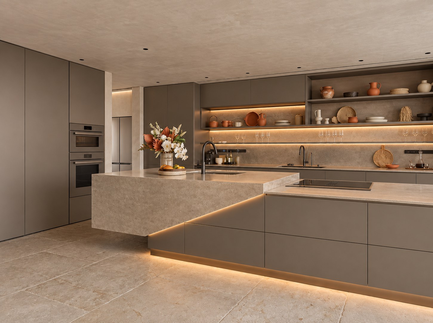 Taupe island kitchen with stone benchtop and open shelving