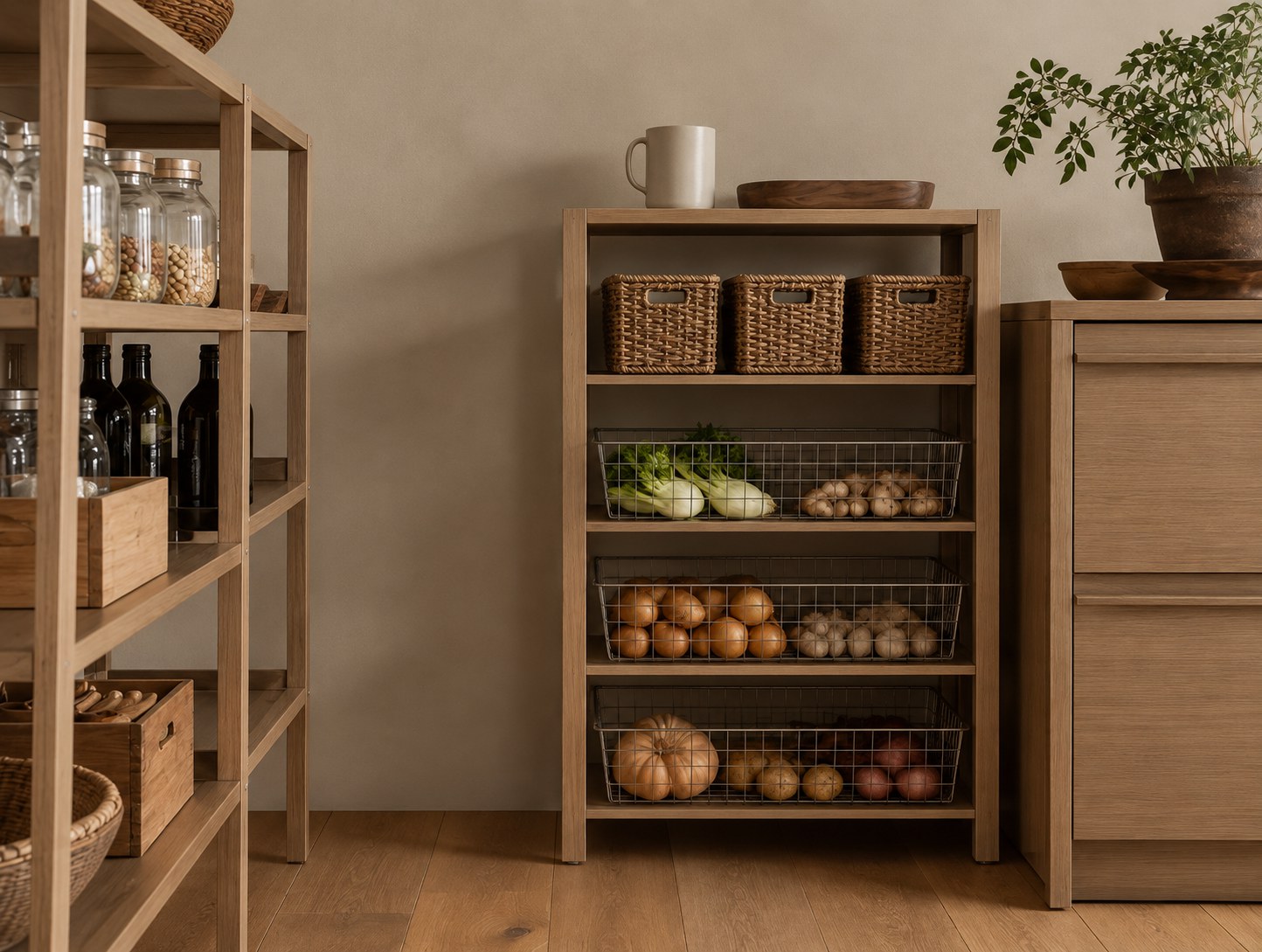 Oak pantry shelving with basket and wire storage