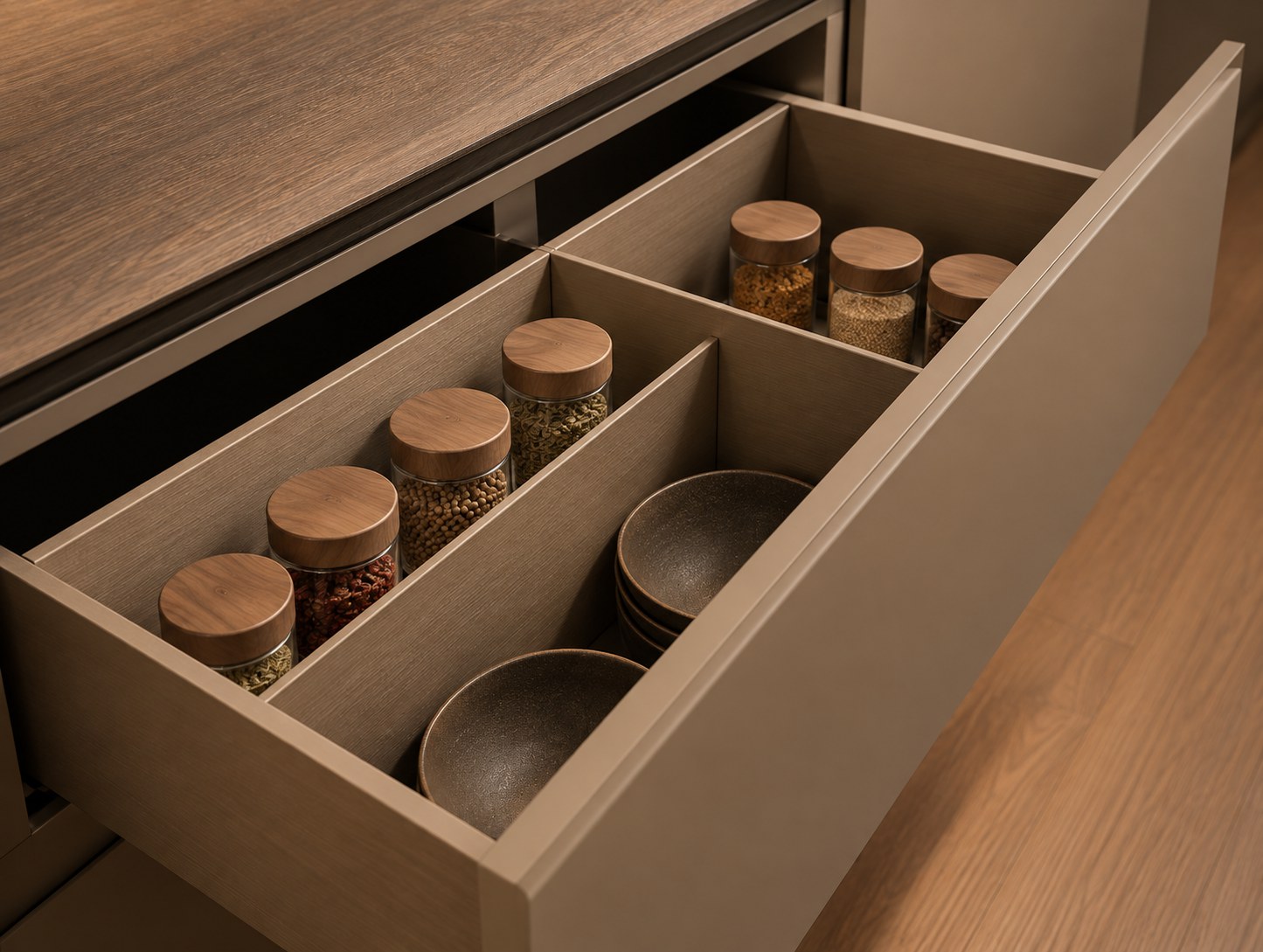 Fitted drawer with spice jars and bowl storage