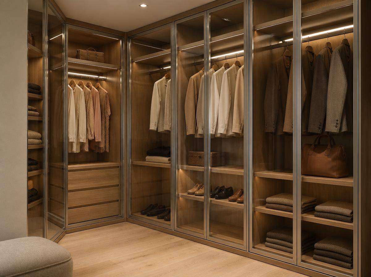 Full-height flush steel wardrobe wall
