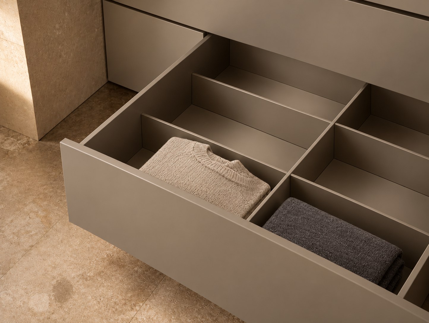 Taupe drawer with fitted organiser dividers